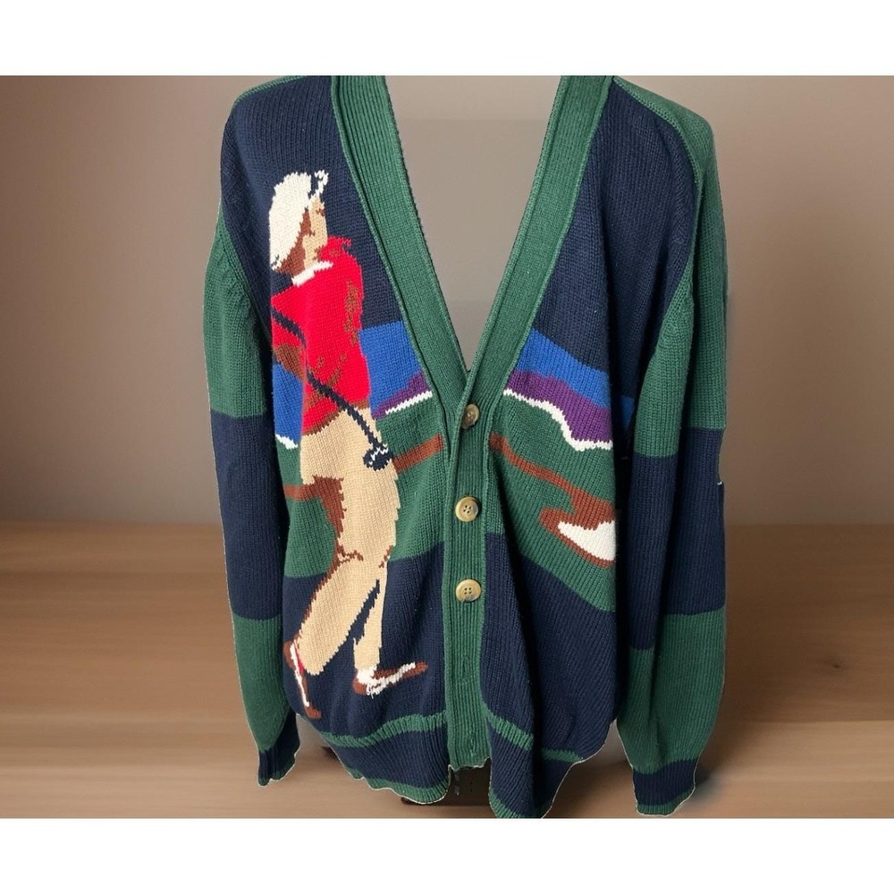 CF Hathaway Mens Golf Sweater Cardigan Vintage 90s Hand Intarsia Knit Medium